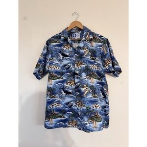 Vintage RJC Hawaiian Shirt Mens Large Blue Floral Cotton Islands Aloha USA